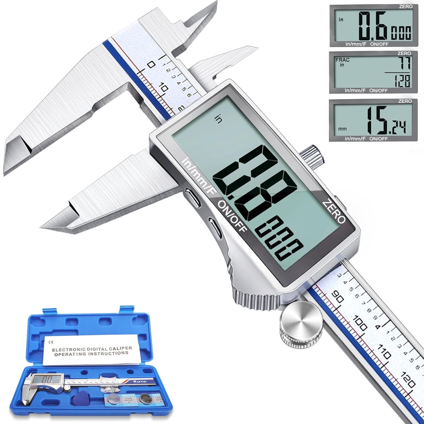 Kynup Digital Caliper Measuring Tool, Vernier Dial Caliper Digital Outside Micrometer, 6 Inch Caliper DIY Tool, Stainless Steel, Large Screen, Splash Proof, Inch Metric Fraction Switch