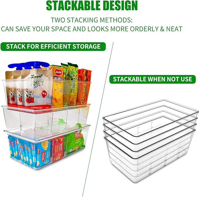 4 Pack Pantry Organizers and Storage,Snack Containers with 3 Dividers for Kitchen,Fridge,Refrigerator Organization and Storage,Clear Plastic Organizer Bins for Spice,Tea bag,Seasoning