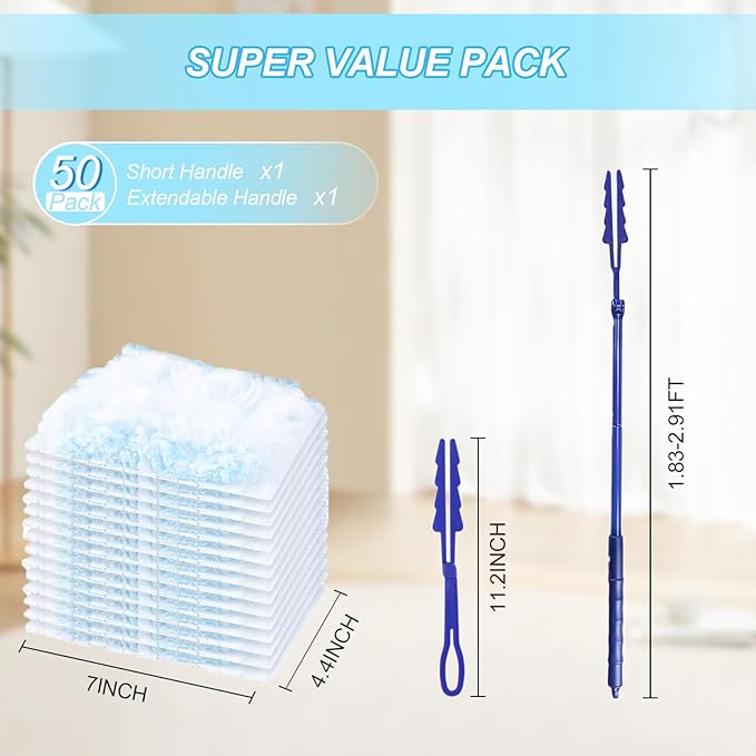 50 Count Duster Refills Kit for Swiffe Duster, One-Sided Electrostatic Duster with 2 Handles, Heavy Duty Dusters Refills Replacement for Cleaning Home, Blinds, Fans, Corners
