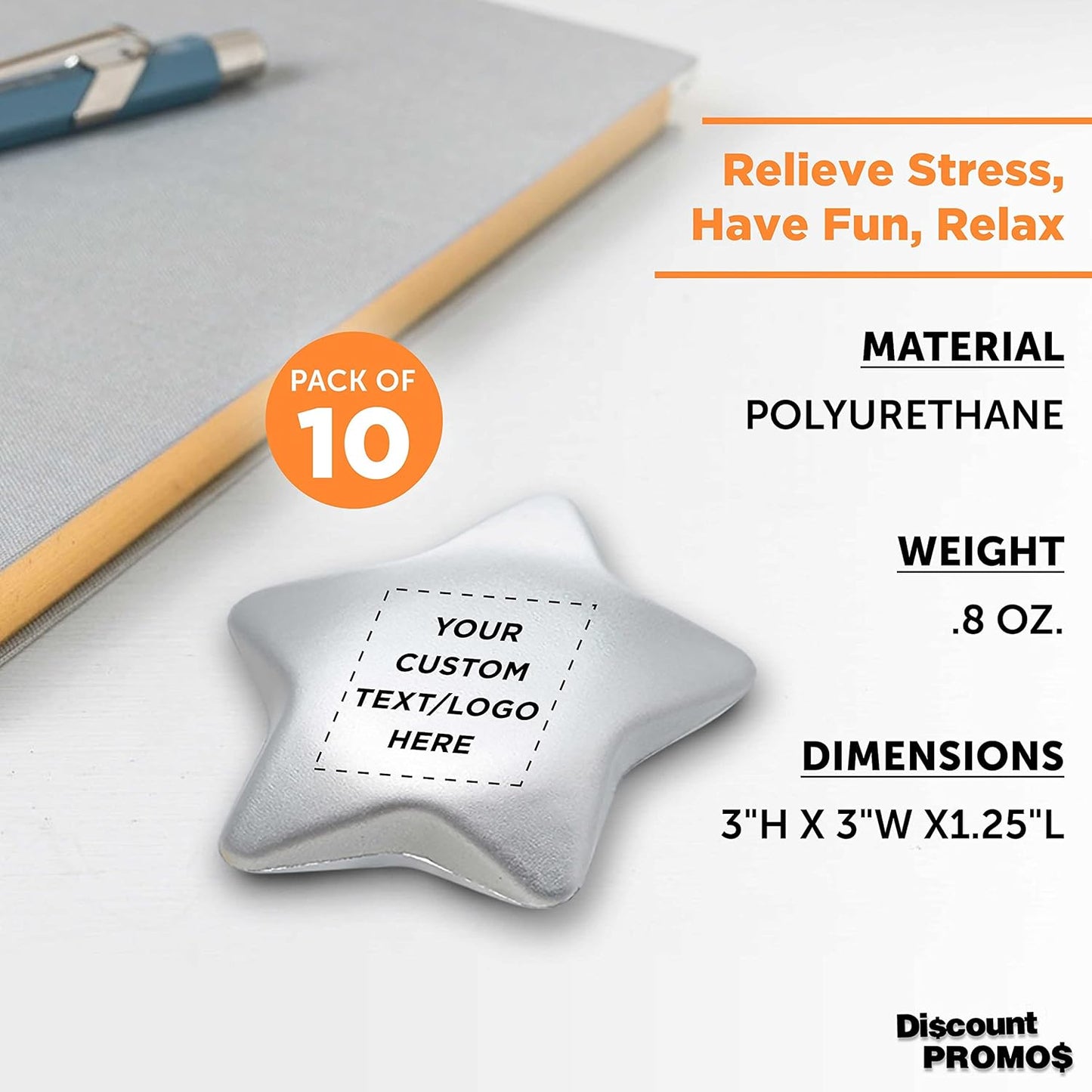 DISCOUNT PROMOS Custom Star Squeeze Balls Set of 10, Pesonalized Bulk Pack - Perfect for Promotional Giveaways - Silver