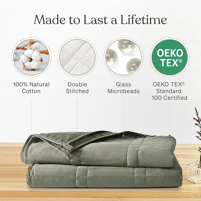 Baloo Weighted Blanket for Adults 15 lb (Moss, 60"x80") | Cool & 100% Cotton | Machine Washable & Dryer Safe | Glass Microbead Fill