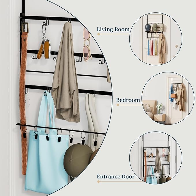 Consumest Over The Door Organizer - 4 Tier Door Hanger Hooks for Hanging Clothing, 24 Inches Long Coat Hanger for Bedroom, Bathroom, Laundry or Dorm Room, Black