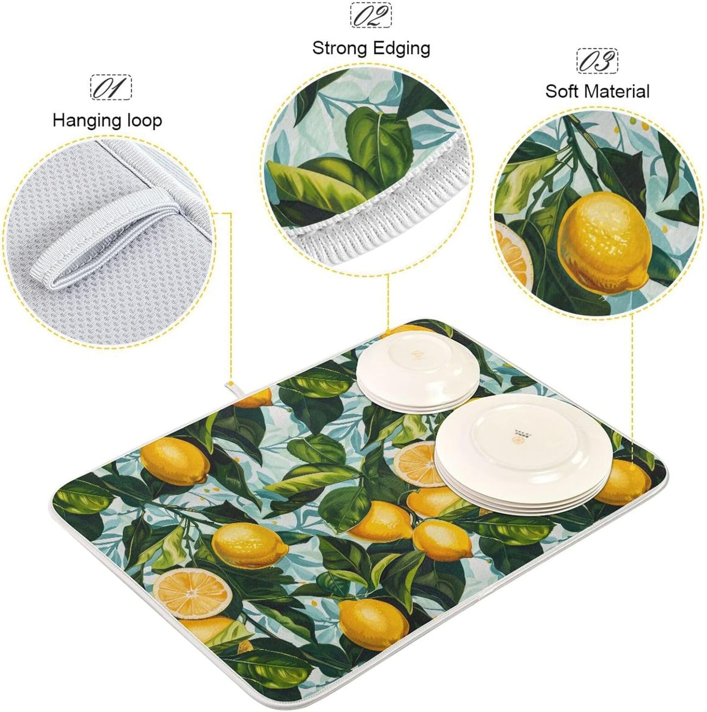 ALAZA Dish Drying Mat, Lemon Leaves Absorbent Dish Drying Pads for Kitchen Countertop 18 x 24 inches