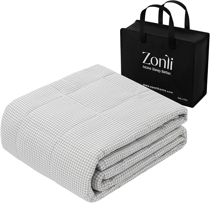 ZonLi Weighted Blanket(48"x72",15lbs, Grey and White Checkered) Twin Size Weighted Blanket for Adults, High Breathability Heavy Blanket,Soft Material with Premium Glass Beads