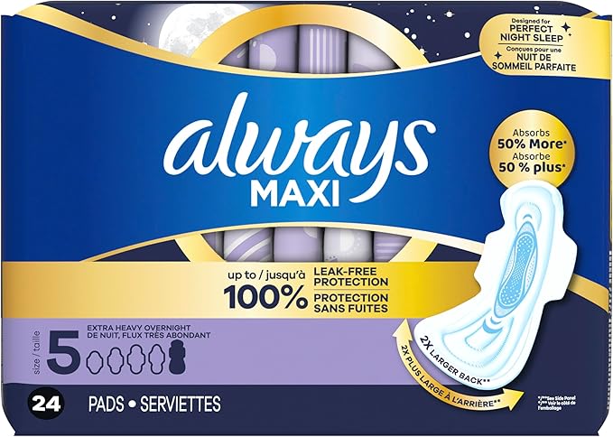 Always Maxi Overnight Pads with Wings, Size 5, Extra Heavy Overnight, Unscented, 72 Count