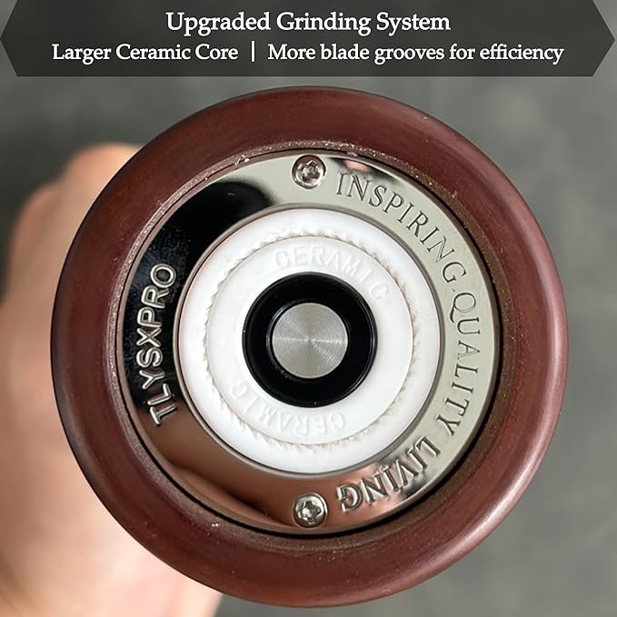 Wooden Pepper Grinder – Refillable Pepper Mill with Adjustable Upgraded Large Size Ceramic Burr – Manual Salt Grinder with Acacia Wood Body – 8.3” Tall