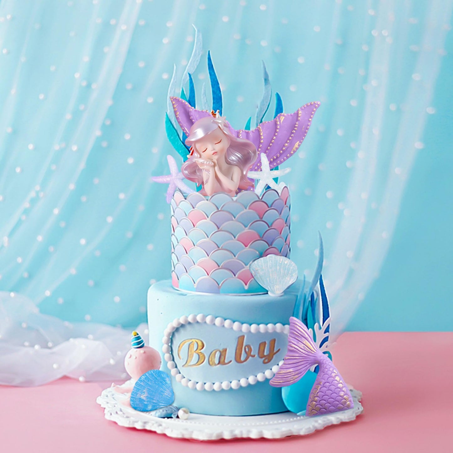 JeVenis Purple Little Mermaid Cake Topper Under the Sea Cake Decoration Seashell Cake Topper Mermaid Tail Party Supplies Sea Star Cake Decor