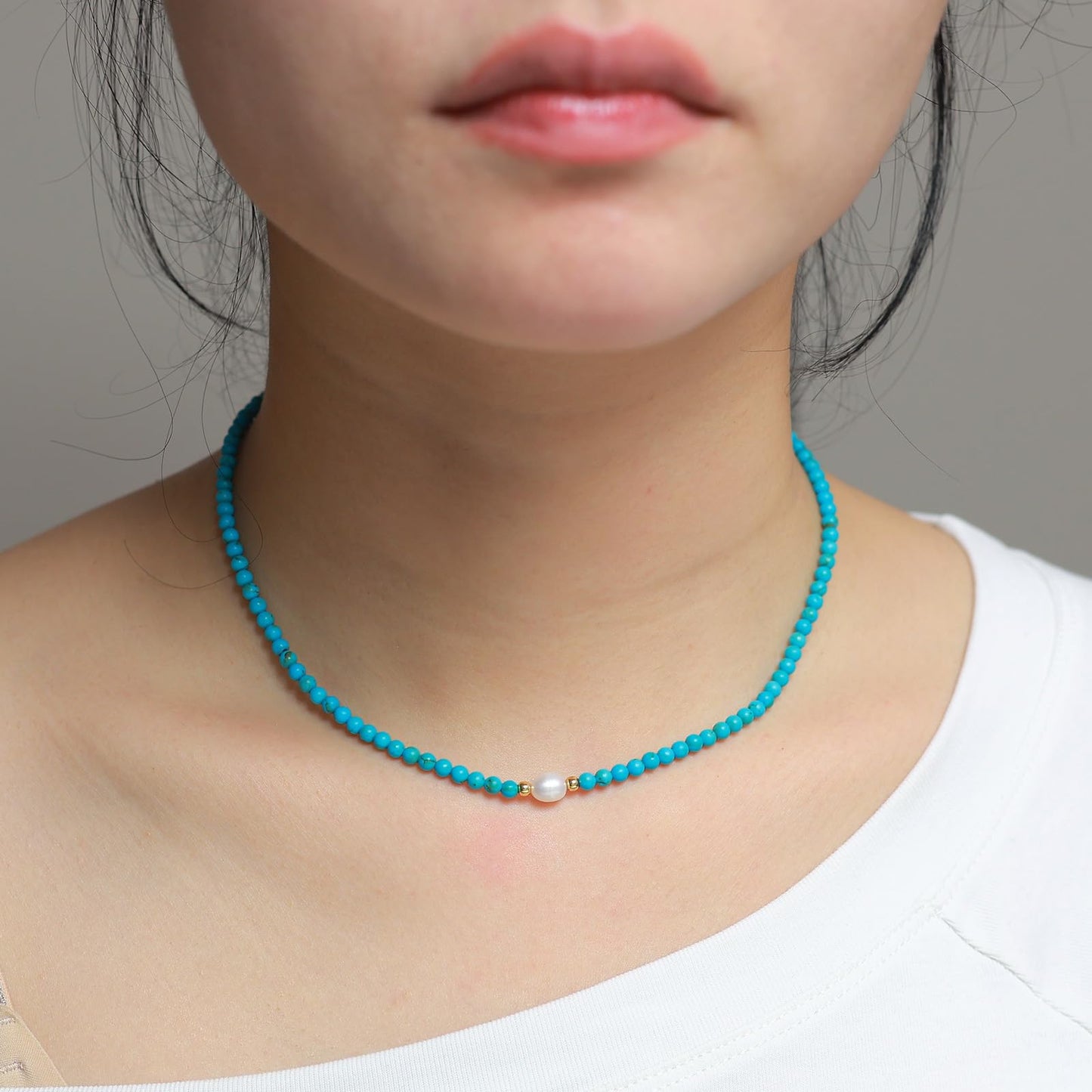 Turquoise Necklace for Women, 18K Gold Plated Dainty Small Turquoise Pearl Beaded Necklaces Handmade Beach Summer Boho Bead Necklaces for Women Blue Western Jewelry Non Tarnish 15.7 Inches