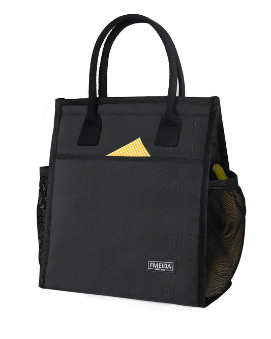 Fmeida Insulated Lunch Bag Women Men, 9L Large Lunch Bags with Multiple Pockets, Reusable Thermal Cooler Tote for Work, Office, Picnic, Travel | Hook and Loop Closure, Black