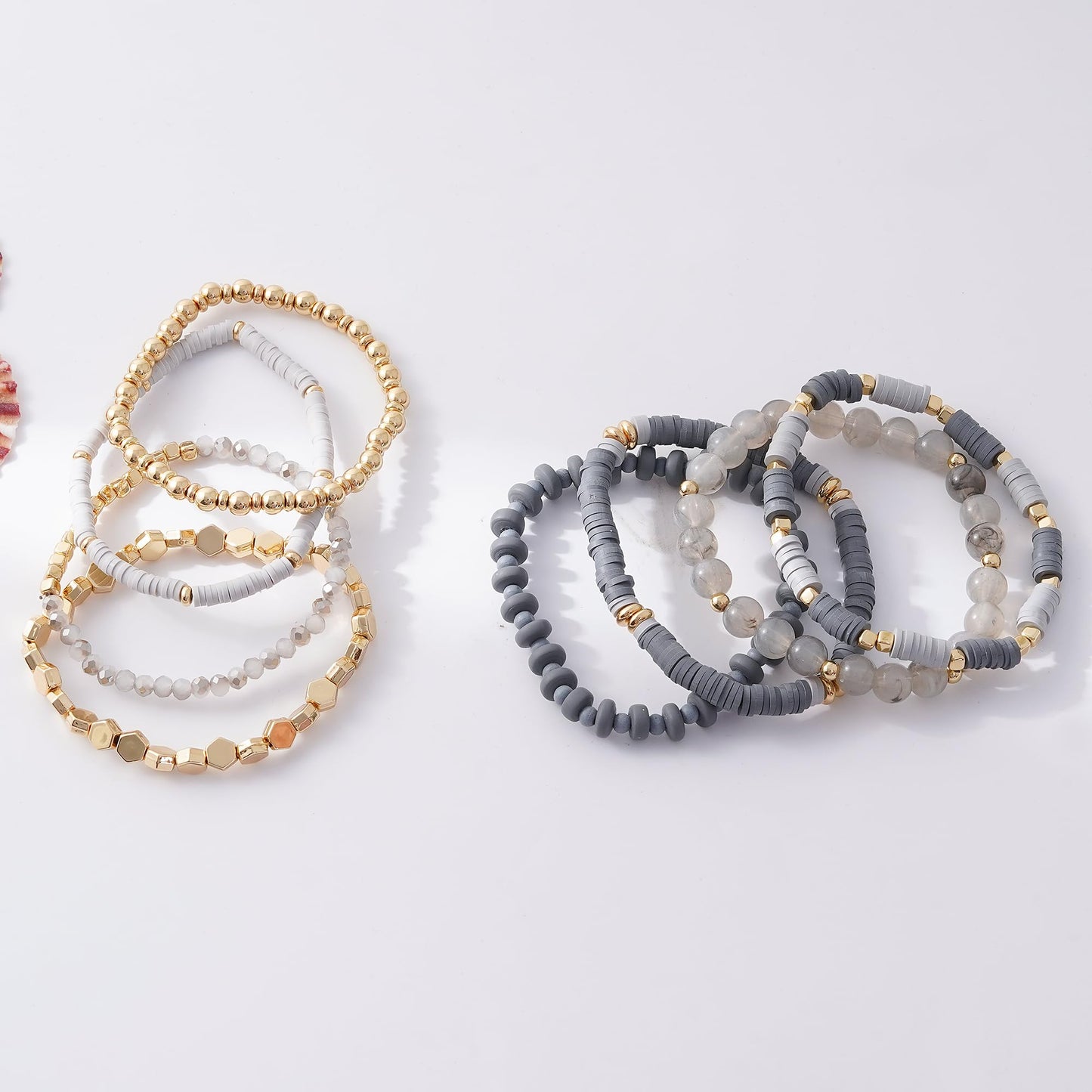GOOJIDS Grey Surfer Heishi Clay Bead Bracelets for Women Bohemian Stackable Gold Plated Beaded Stretch Bracelets Elastic Layering Friendship Bracelets Set Boho Jewelry