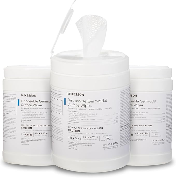 McKesson Germicidal Wipes [480 Count] Disinfecting Wipes, Alcohol Cleaning Disinfectant Wipes, Hospital Grade Multi-Surface Wipes, 160 Wipes, 3 Pack