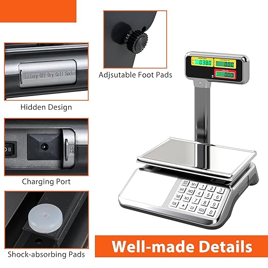Goplus 88lb/40kg Commercial Food Scale with Pole Dual LCD Display, Digital Price Computing Scale with Counting Function, Rechargeable & Battery Powered, Produce Scale for Farmer Market, Not for Trade