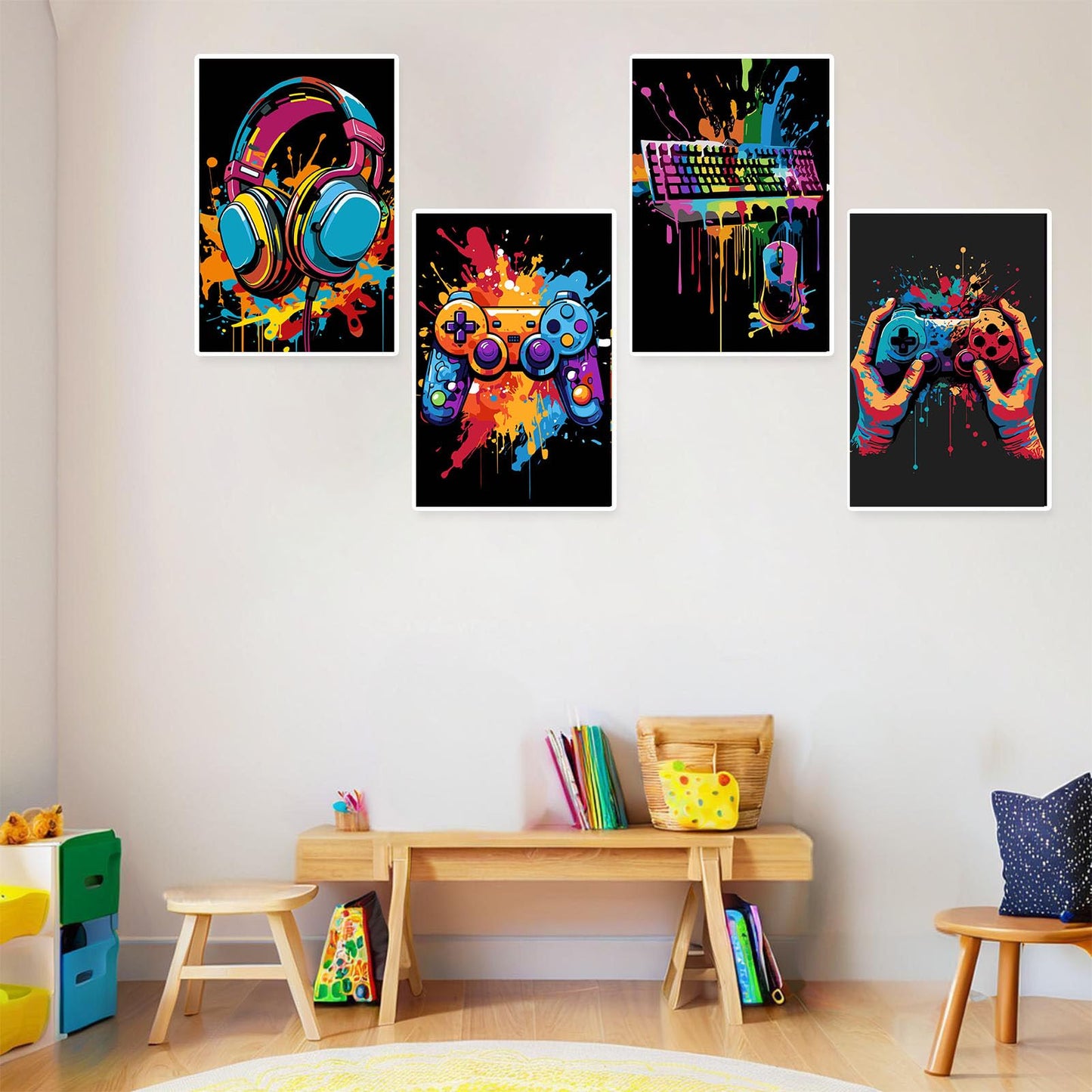 bleihum 4 Pack Paint by Numbers Kit for Kids with Frame Wooden Easel, Video Game Paint by Number Canvas, Controller Painting by Numbers Gifts for Gamers Teen Boys Room Decor 8x12 Inch