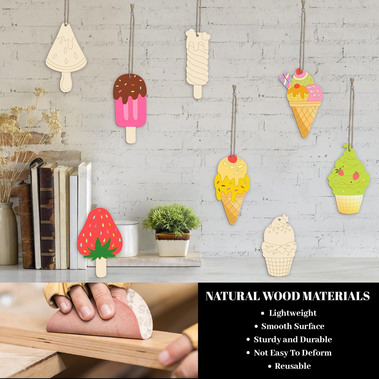 Subacy 80 PCS Unfinished Wood Cutouts 8 Styles DIY Wooden Spring Ornaments, Wooden Art Craft Painting Kit for Kids, Birthday Easter Creativity Arts & Crafts, Ice Cream Shape