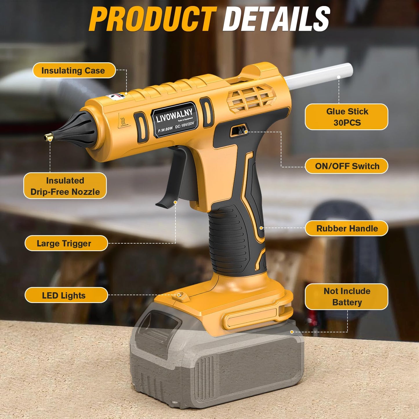 LIVOWALNY Cordless Hot Glue Gun Compatible with Dewalt 20V Battery (Tool Only) 100W Hot Glue Gun And 30 Sticks Set in Crafting Wood PVC Glass Home Repair with 30 Pcs 0.27 * 5.9 inch Hot Glue Sticks