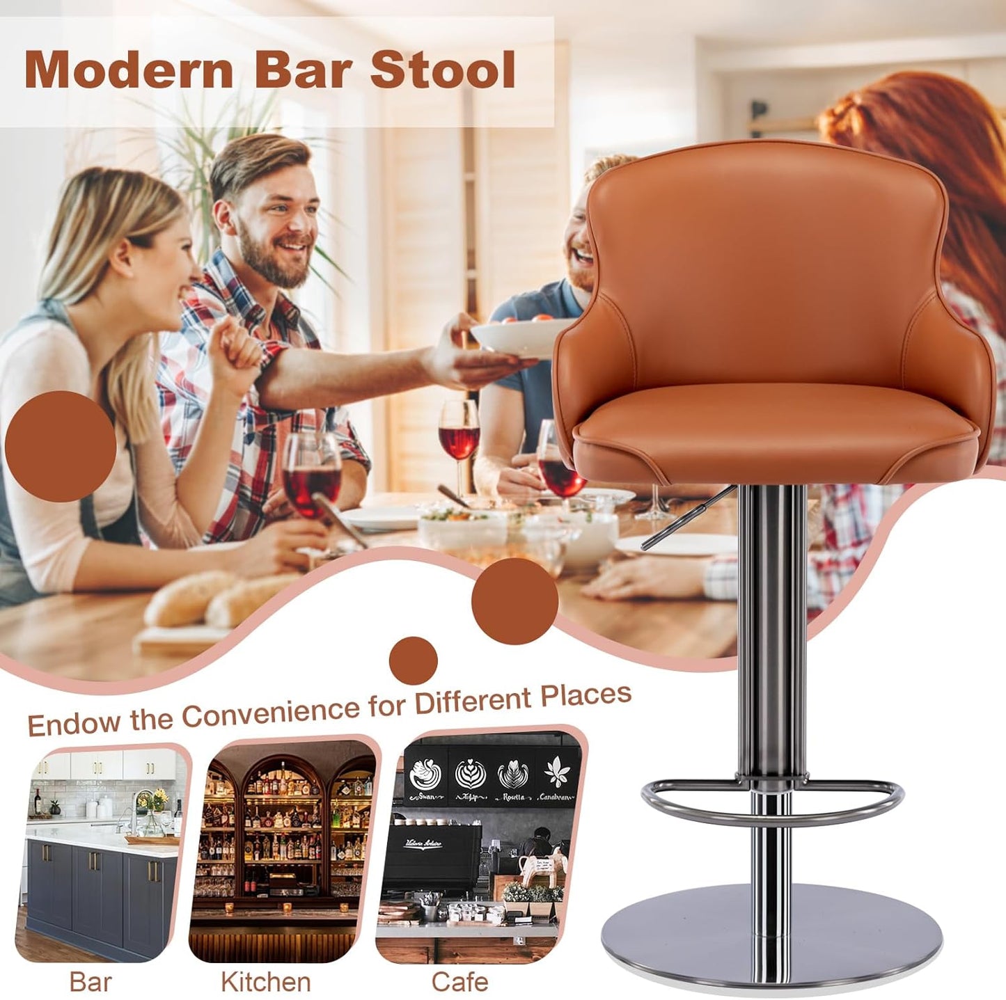 CozyRain Bar Stools Adjustable Stainless Steel Swivel Barstool with Back and Footrest,Modern Leather Upholstered Bar Chairs for Home,Kitchen,Bar, Counter Orange/Grey (2pcs Brown)