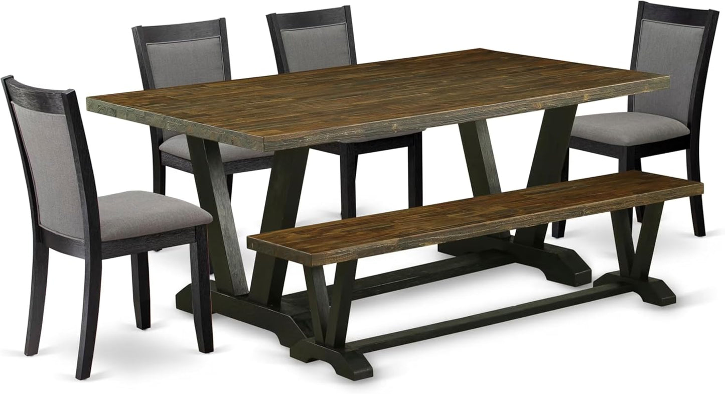 East West Furniture V677MZ650-6 6 Piece Dining Set Contains a Rectangle Dining Room Table with V-Legs and 4 Dark Gotham Grey Linen Fabric Parson Chairs with a Bench, 40x72 Inch, Multi-Color