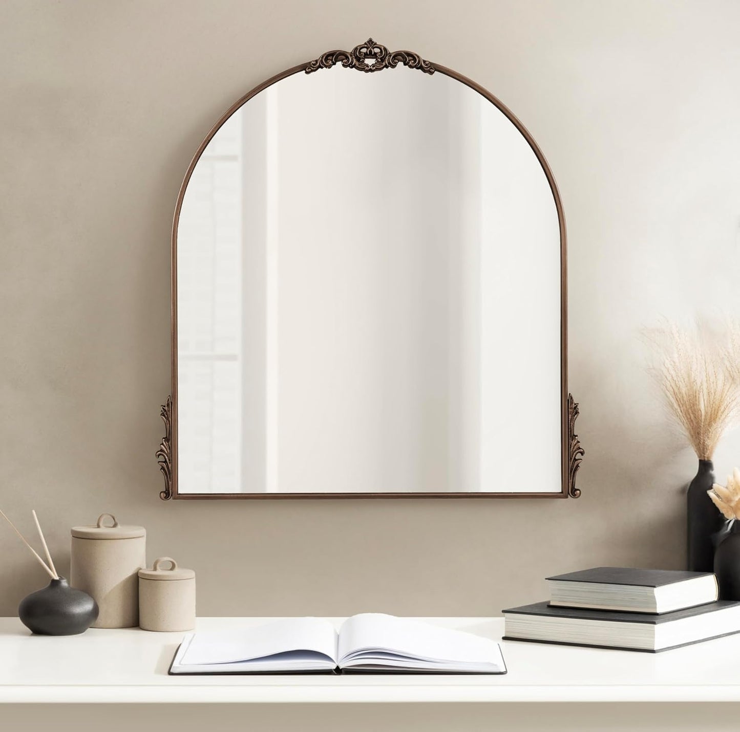Kate and Laurel Myrcelle Ornate Vintage Arched Mirror, 30 x 32, Bronze, Decorative Wide Arch Mirror for Use as Fireplace Mantel Mirror or Bathroom Mirror for Over Sink