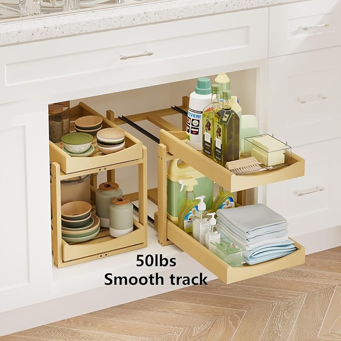 Bamboo Under Sink Organizer Adjustable Height 2 Tier Bathroom Organizer Pull Out Cabinet Storage Kitchen Heave Duty Wood Slide Ou Shelf for Kitchen Bathroom (Nature, 2 Packs)