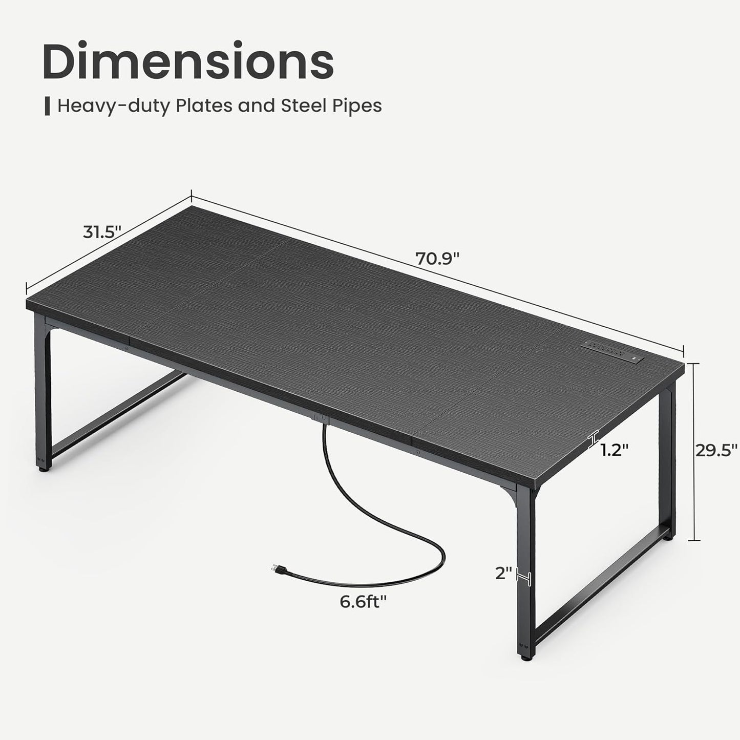 Huuger 71 x 31.5 Inch Desk with Power Outlets & USB-C,1.2 Inch Thicker Desktop, Robust Metal Tubes, Deep Computer Desk, Heavy Duty Office Desk, Work Desk for Home Office, Black