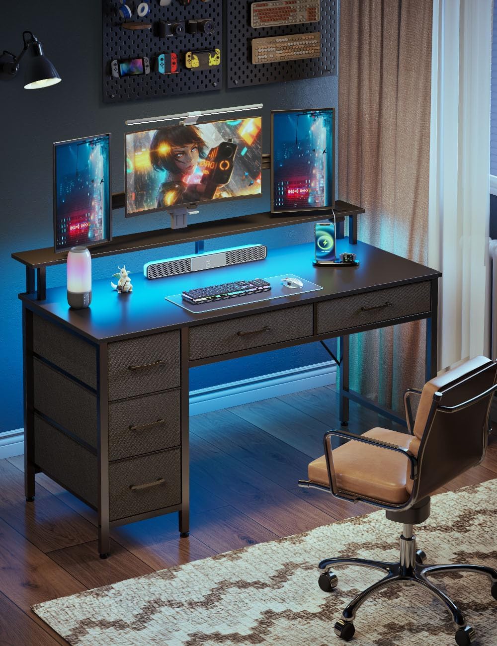 Seventable Computer Desk with Power Outlets & LED Light, 47 inch Home Office Desk with 5 Drawers, Writing Desk with Monitor Stand, Work Desk for Home Office, Black