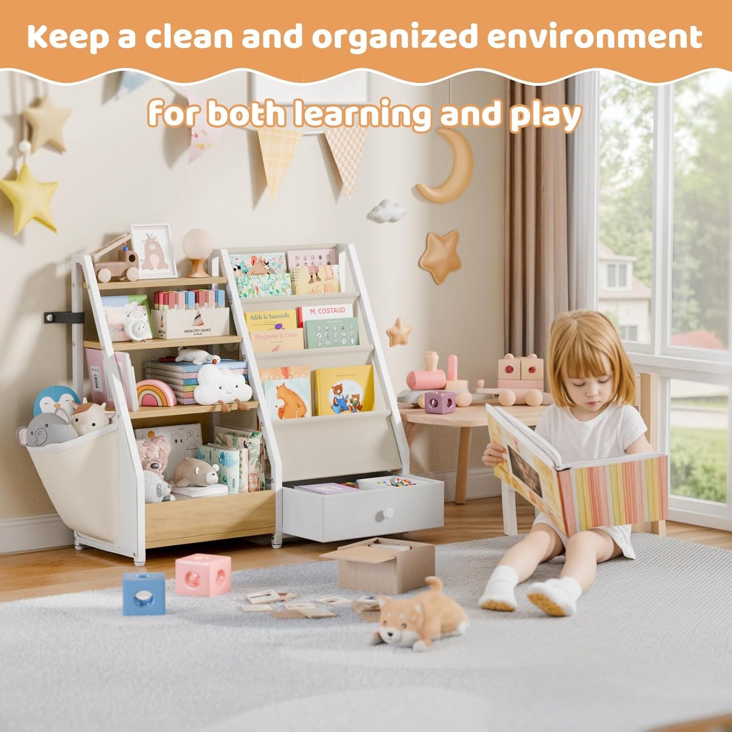 Kids Bookshelf and Toy Storage - Book Shelf for Kids Rooms, Toddler Bookshelf Baby Bookcase for Nursery, Montessori Toy Organizer, Burlywood