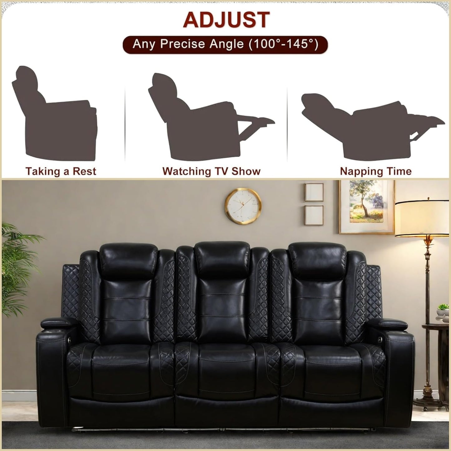 Leather Recliner Sofa Couch, 3-Seater Home Theater Seating Reclining Sofa, Power Reclining Couch with Cup Holders & Drop Down Table for Living Room Furniture Sets, Black