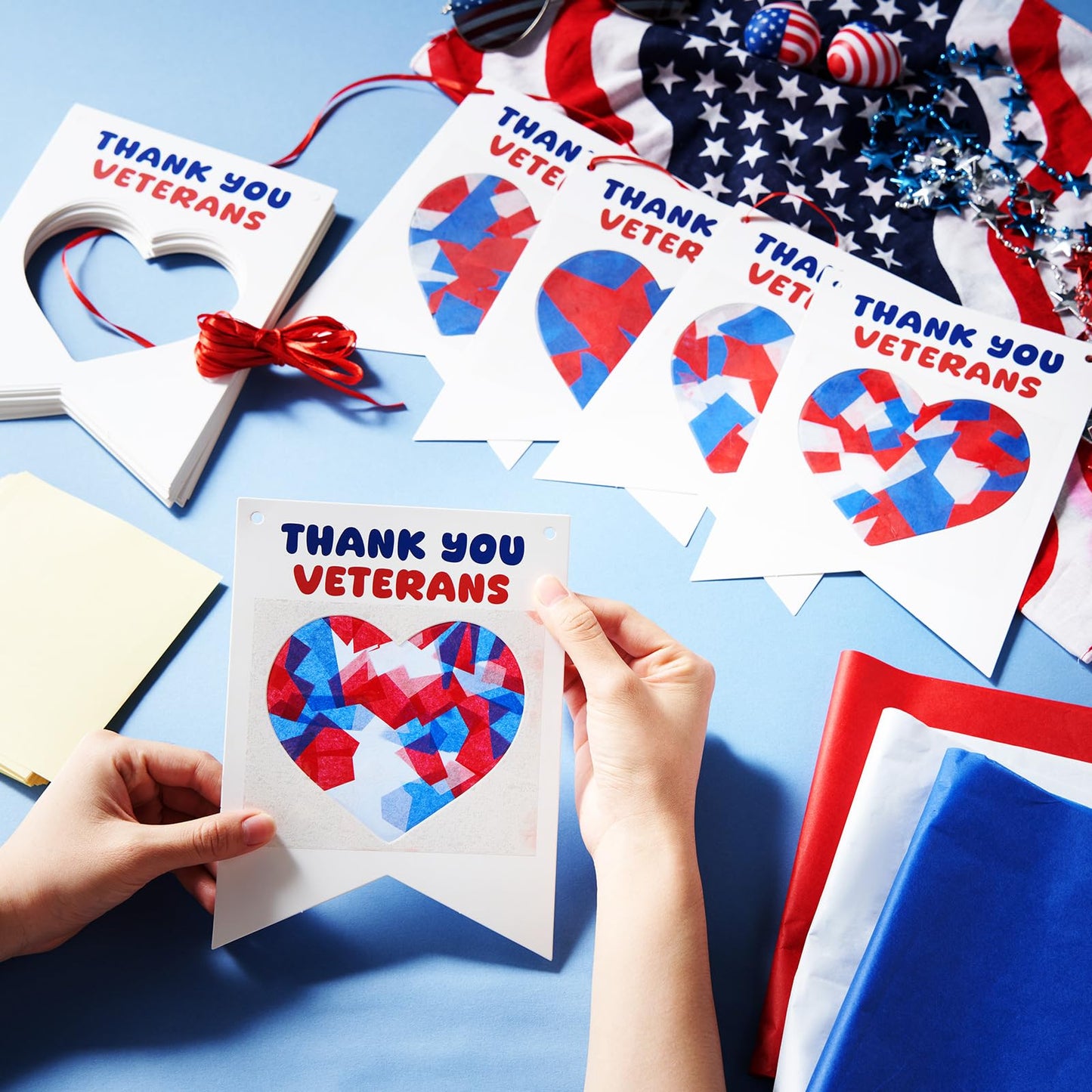 Motipuns 35 Sets DIY Veteran's Day Paper Crafts Thank You Veterans Tissue Paper Craft Kit Veterans Day Banner Decoration for Classroom Activities Military Patriotic Themed Activities