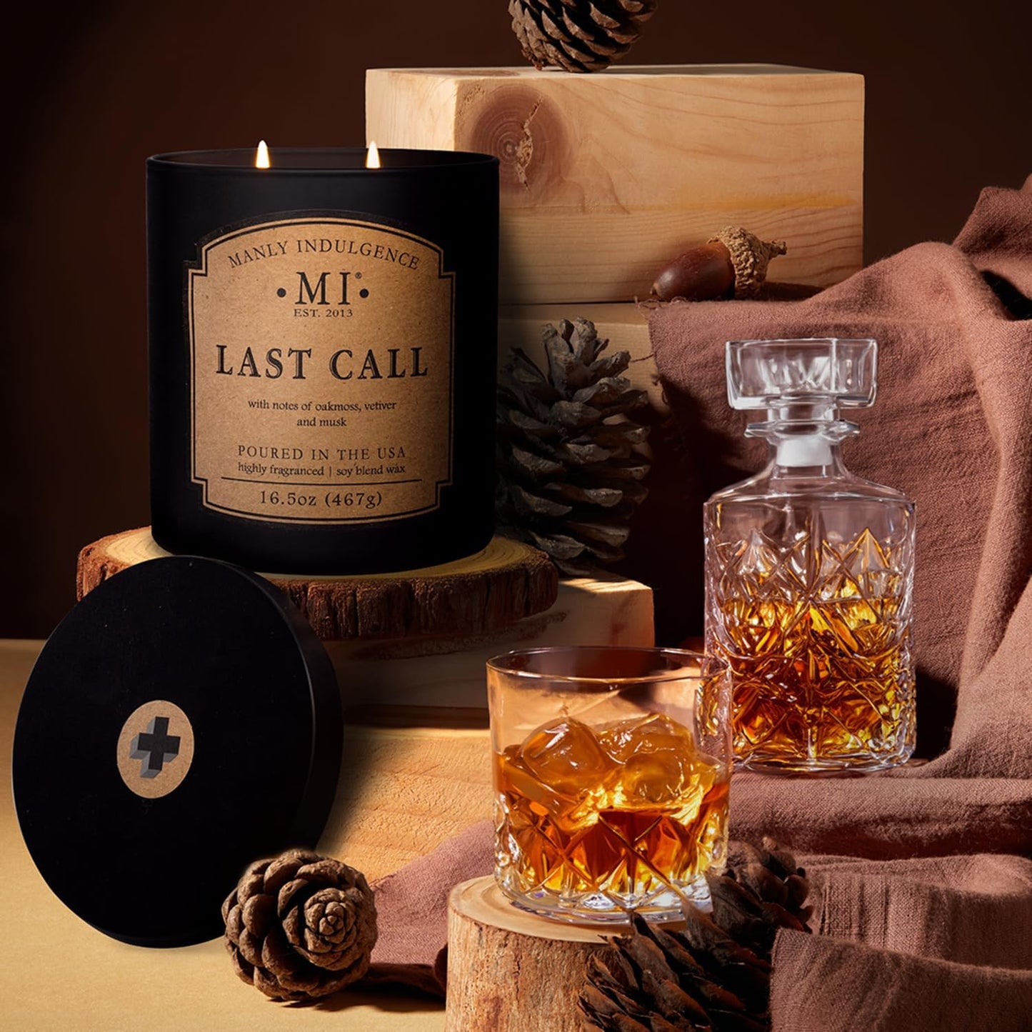 Manly Indulgence Last Call Scented Candles for Men, 2 Wick, 16.5 oz, Premium Soy Blend Wax, 60H Burn, Candles for Home Scented - Made in The USA