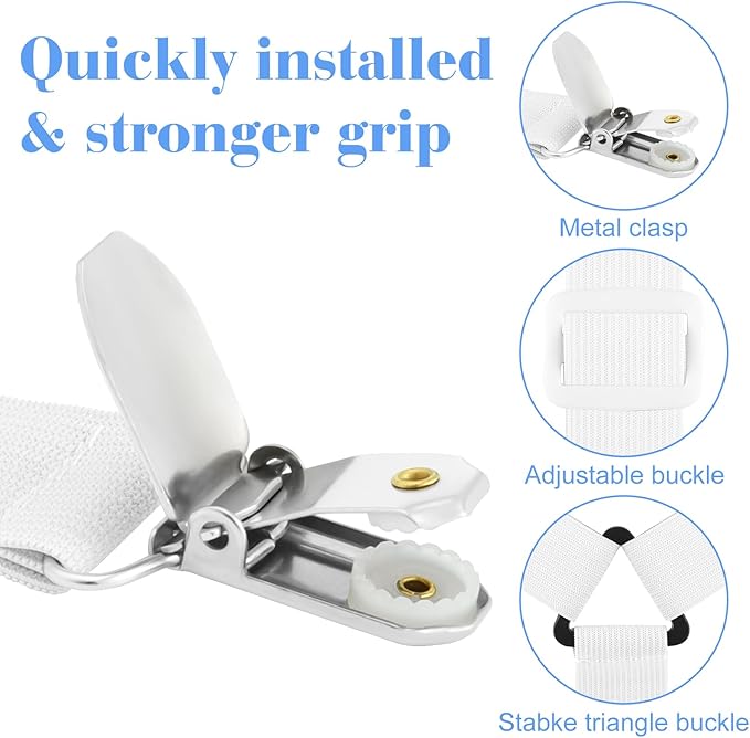 Morcheiong 2 Pack Bed Sheet Fasteners Straps Adjustable Bed Sheet Holder Bands with Sheet Clips for Bedding Stays Bedsheet Tie Downs - White