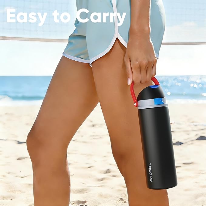 Insulated Water Bottle with Straw - Encool Stainless Steel Water Bottle with Push Button Lid, Leak-Proof & BPA-Free, Keeps Cold for 24 Hours for Sports, Travel, Gym (24 oz, Oil Black)