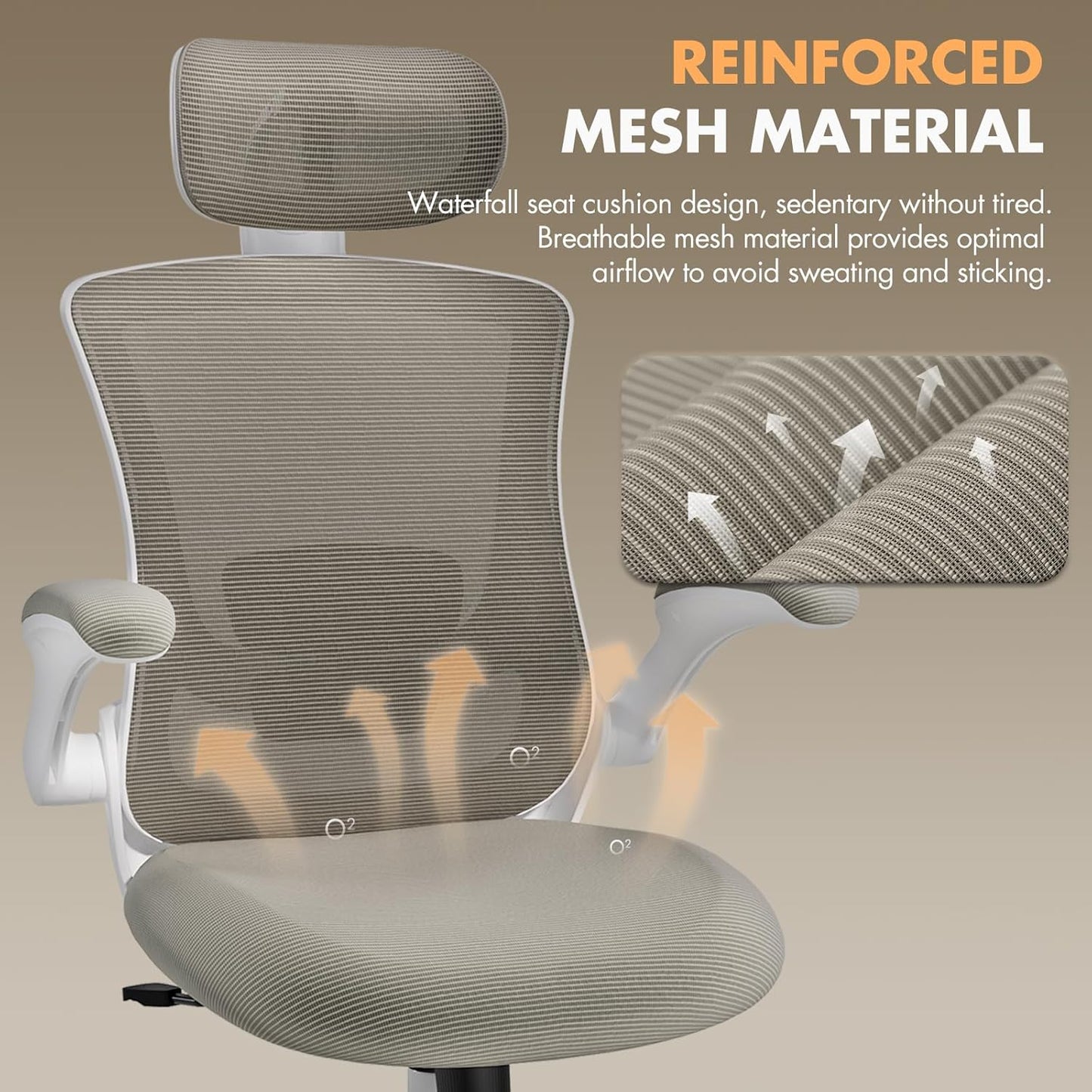 Ergonomic Office Chair with Adjustable Lumbar Support & Headrest, High Back Mesh Desk Chair with Flip-Up Armrests, Breathable & Comfortable Computer Chair for Home, Office & Study –Khaki