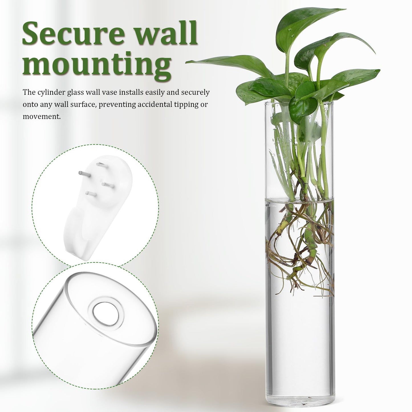 GLEAVI Wall Mounted Flower Vase Set 2pcs Large Cylinder Glass Tubes Hanging Wall Planter for Indoor Plants Home Décor Terrarium Holder