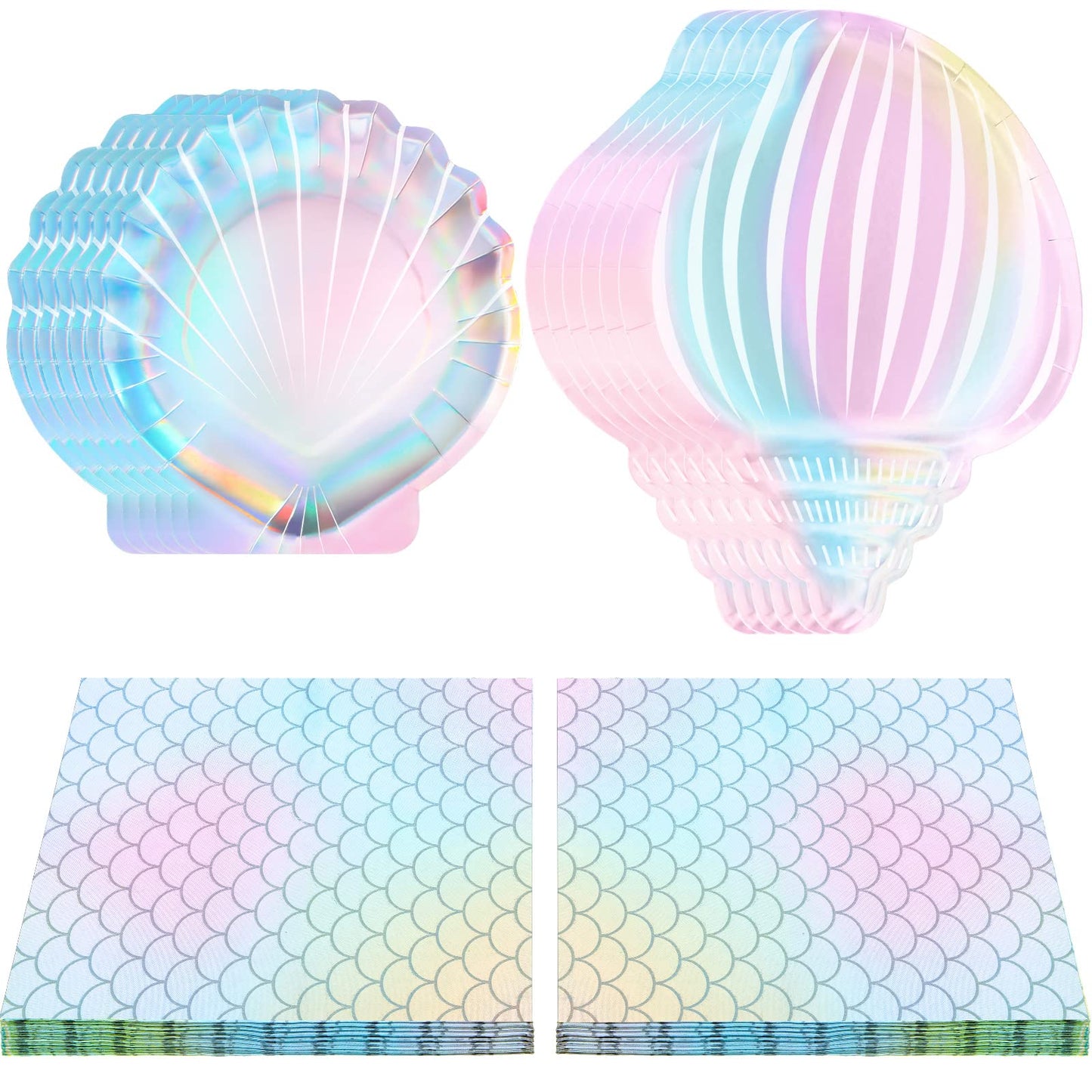 Cunhill 96 Pcs Mermaid Plates and Napkins for 24 Guests, 7 Inch 9 Inch Seashell Plates Iridescent Mermaid Party Supplies for Birthday Ocean Under The Sea Baby Shower Decoration(Stylish Style)