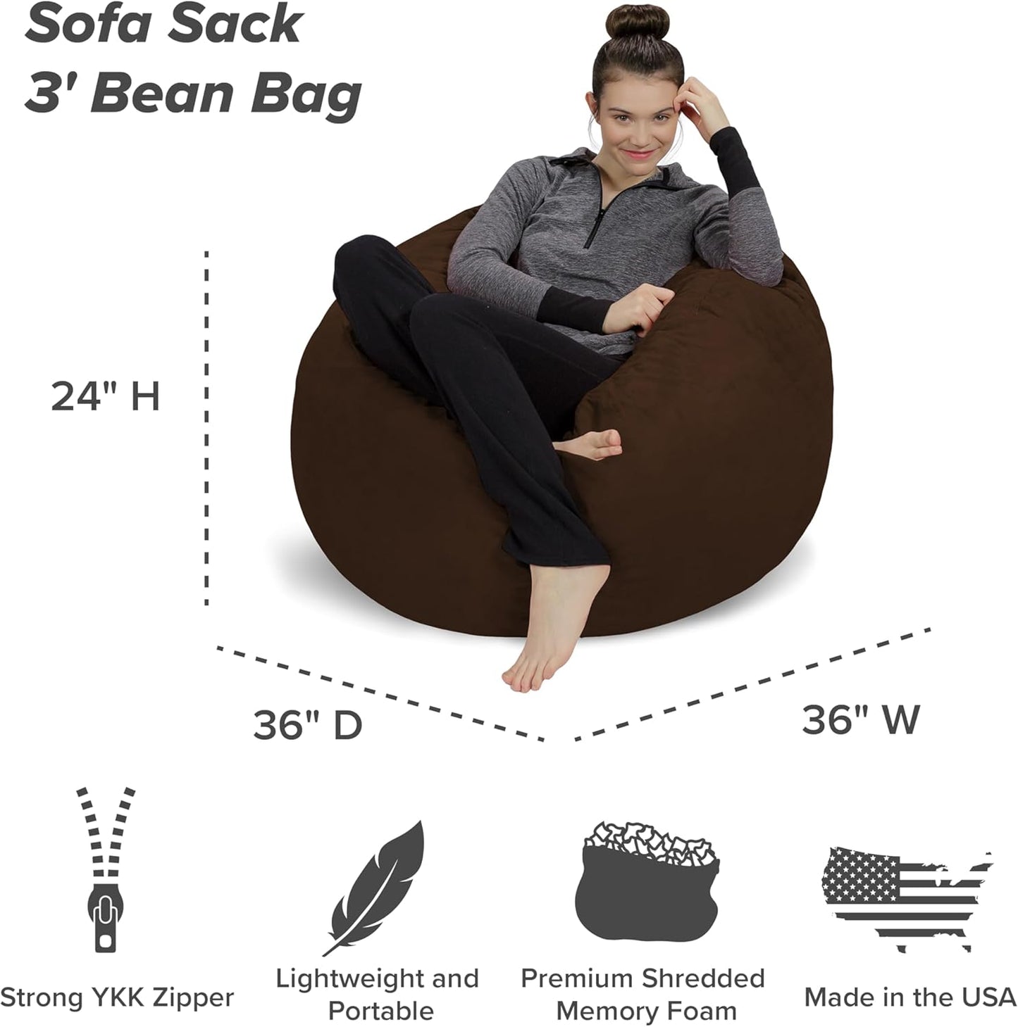 Sofa Sack Bean Bag Chair - Plush, Ultra Soft - Memory Foam Bean Bag Chair with Microsuede Cover - Stuffed Foam Filled Furniture and Accessories for Dorm Room 3 Feet - Chocolate