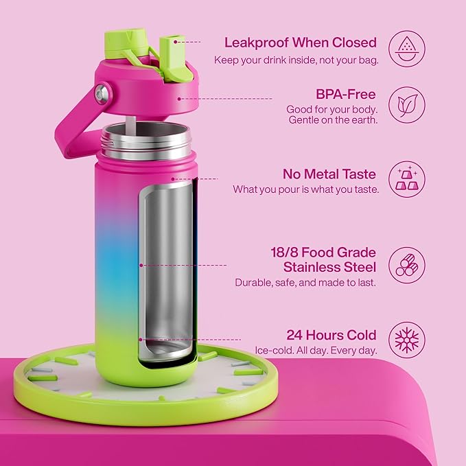 ENCOOL Insulated Water Bottle with Straw Stainless Steel Water Bottle, Leak-Proof, BPA-Free, Double Wall Vacuum Keeps Cold for 24 Hours for Sports, Travel, School (18 oz, Lime Sorbet)