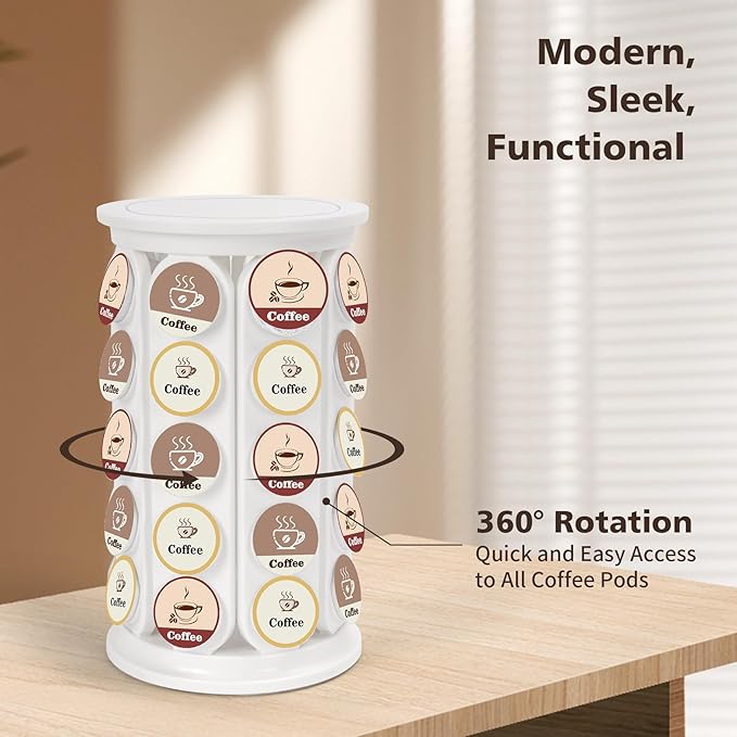Coffee Pod Carousel Compatible with K-Cup Pods, K Cup Holder Holds 40 Coffee Capsule, New Modern Design for Kitchen Office Countertop or Coffees Station Organizer, Detachable (White)