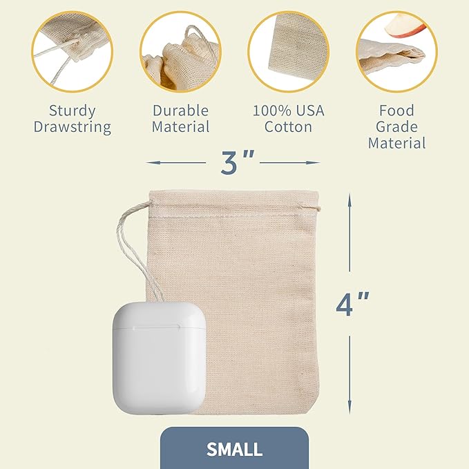 Celestial Gifts Muslin Drawstring Bags - 25pcs, 3x4, Reusable for Tea, Jewelry, Spice and Cotton Gift Sachets - 100% Cotton - Made in USA - Natural Hem & Drawstring