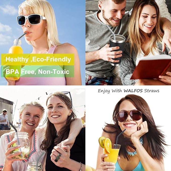 Walfos Reusable Silicone Straws -10.5 Inch Flexible Drinking Bendy straws for Smoothies/20 & 30 oz Tumblers, BPA Free (6 pcs Wide + 1 Cleaning Brushes ）