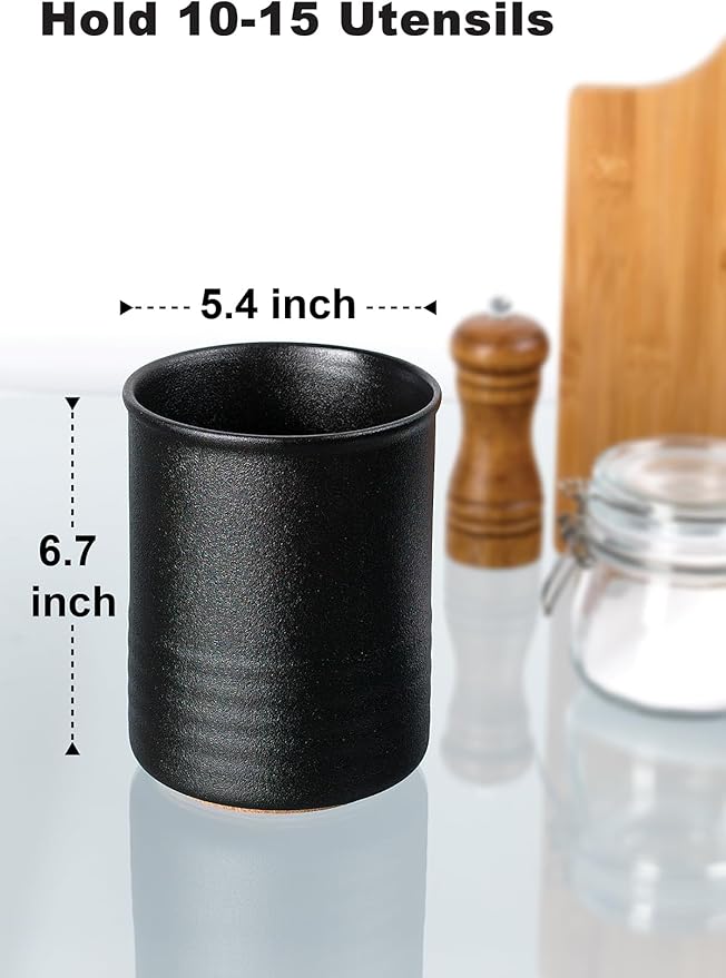 Utensil Holder, 6.7" Ceramic Kitchen Utensil Crock for Countertop Cooking, Modern Utensil Caddy Jar Organizer for Farmhouse Kitchen Counter Décor, Textured Black