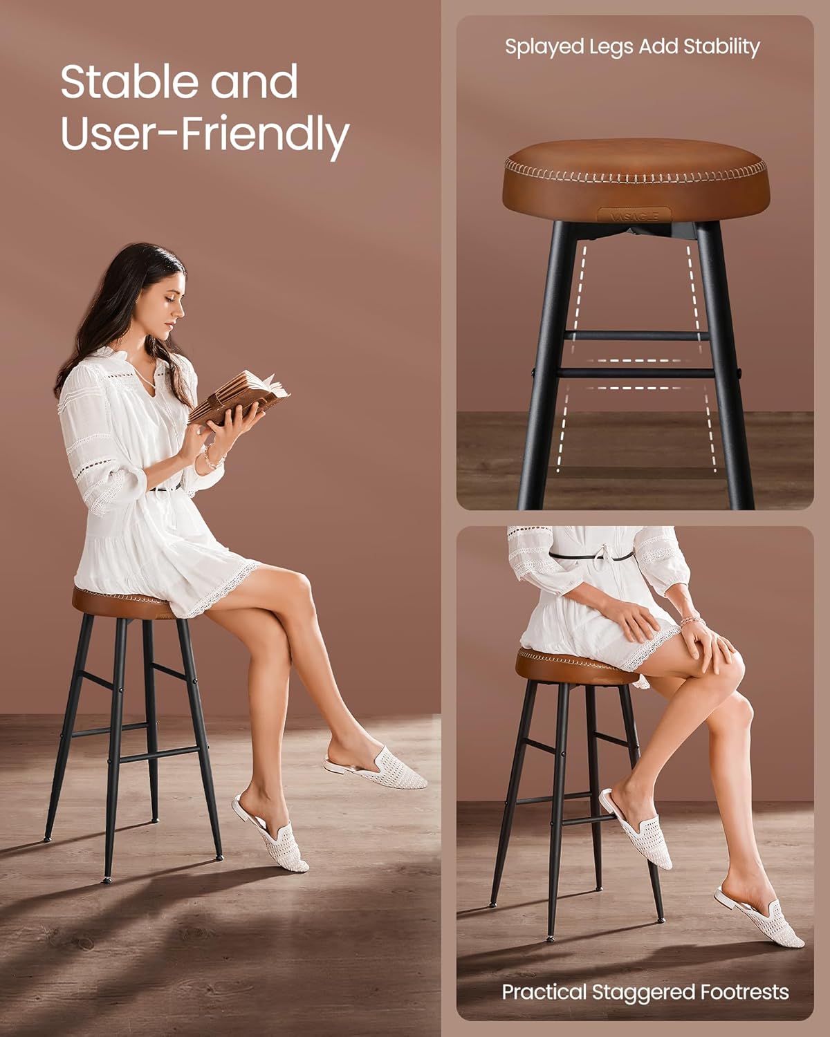 VASAGLE EKHO Collection - Bar Stools Set of 2, Bar Height Bar Stools, Kitchen Counter Stools, Mid-Century Modern Backless Counter Stools, 30-Inch Tall, Kitchen Island Home Bar, Caramel Brown