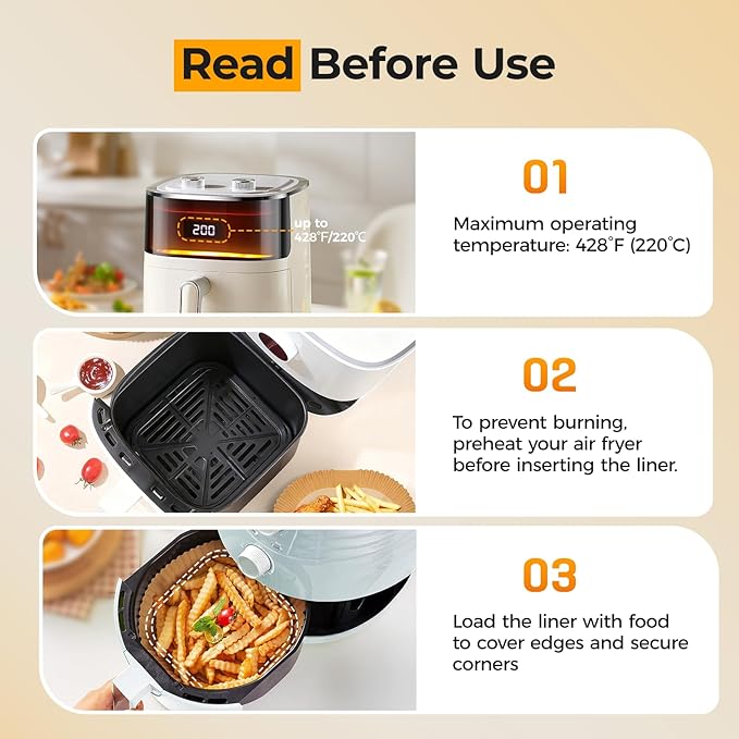 Air Fryer Paper Liners: 100Pcs Parchment Paper, 8" Air Fryer Liner Disposable for Microwave, Non-Stick Square Air Fryer Basket Liner