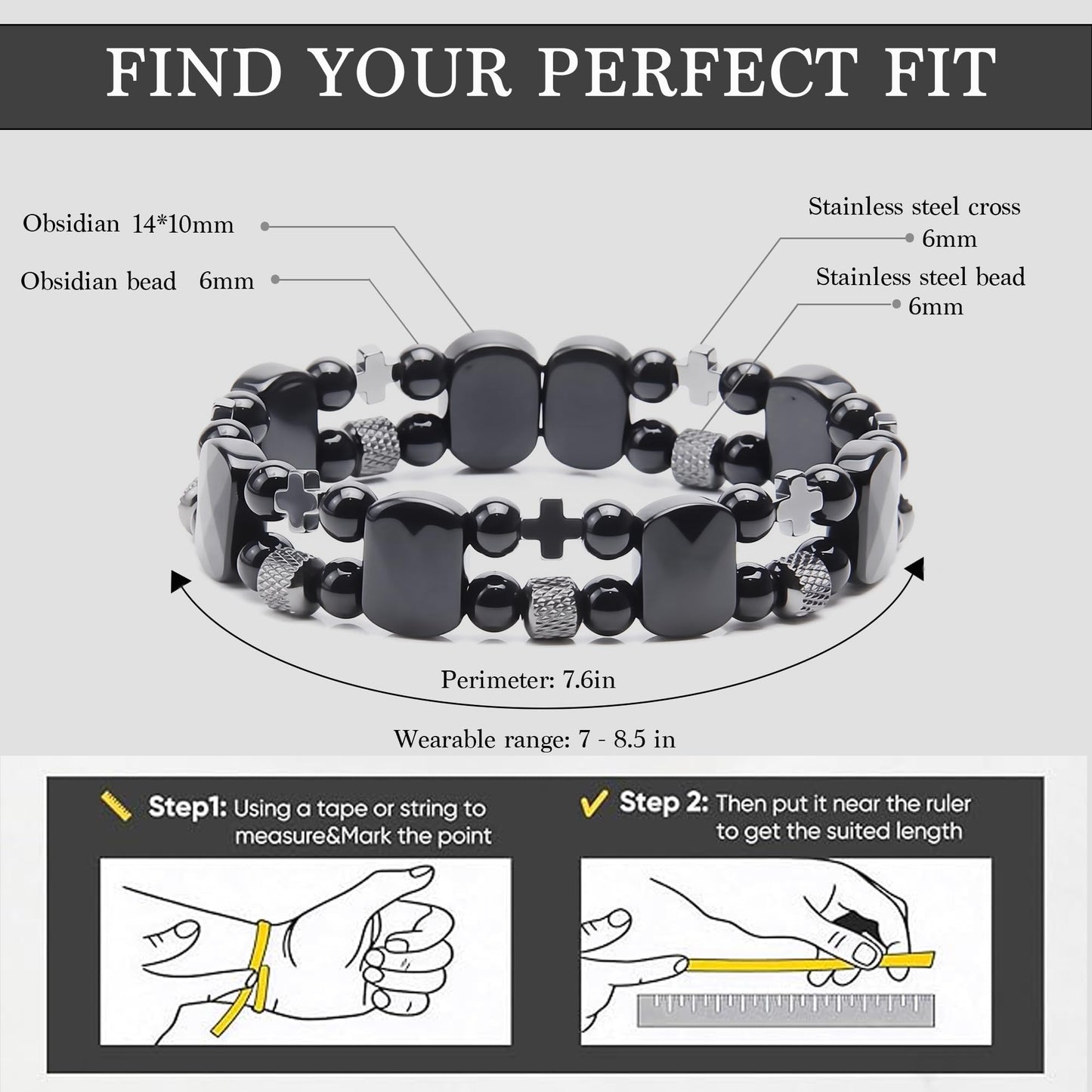 Christian Gifts for Men, Jesus Cross Bracelet for Men Handmade Double Elastic Beaded Bracelets Natural Crystal Gemstone Religious Jewelry for Boyfriend Husband Birthday Anniversary (Black Obsidian)