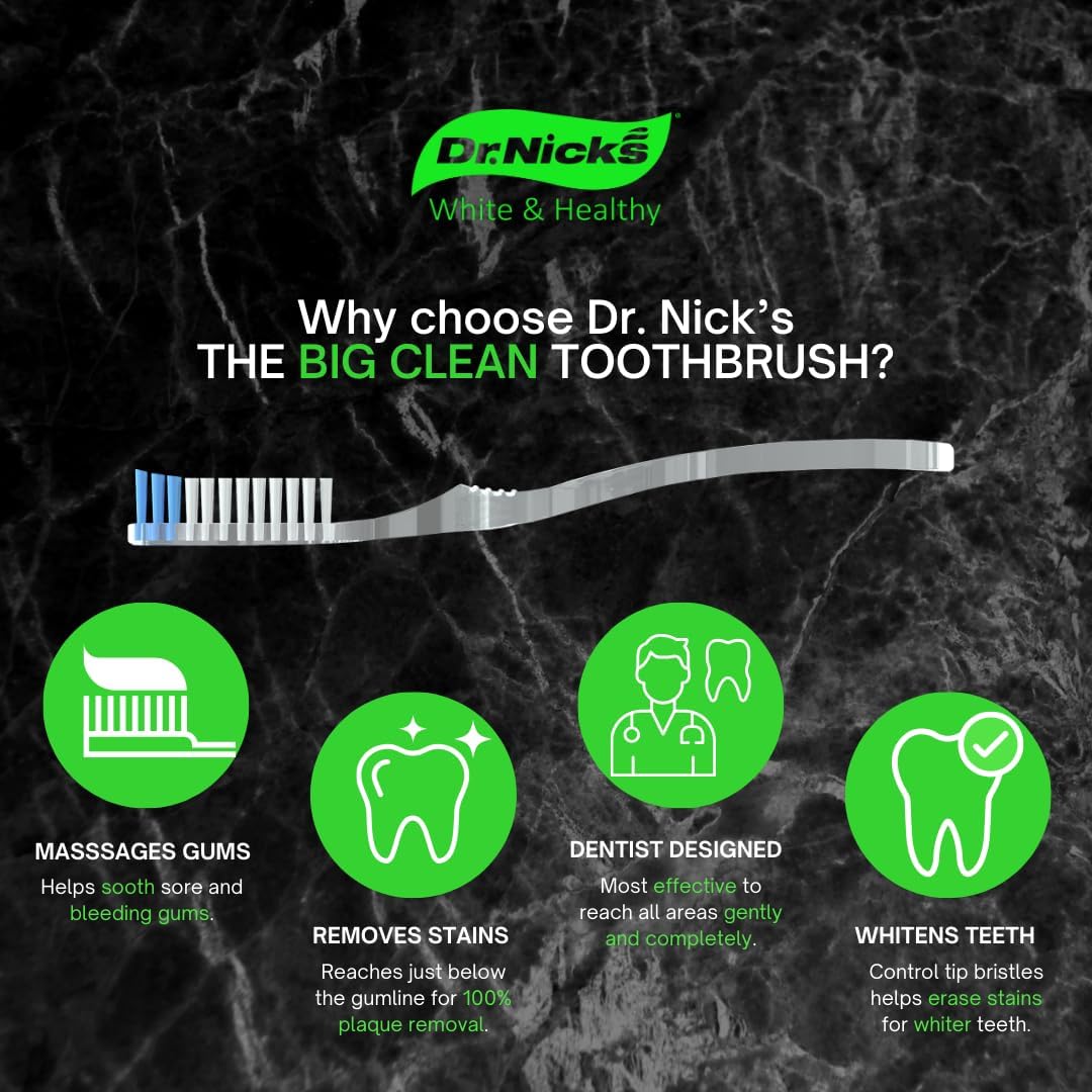 Dr. Nicks White & Healthy The Big Clean Large Toothbrush Medium Soft - Bulk Toothbrushes (4 Pack) - Dentist Designed Deep Gum Toothbrush - Large Head Medium Soft Toothbrushes for Adults