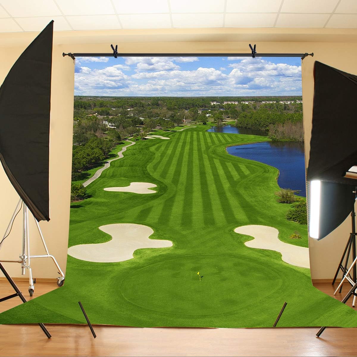 5x7ft Golf Course Backdrop Blue Sky White Clouds and Bunker Green Grass Backgrounds for Photography LYZY0798