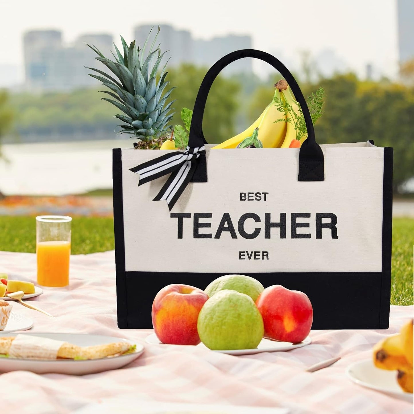 TOPDesign Embroidery Canvas Tote Bag for Women, Teacher Appreciation Gifts for Daycare, Preschool, Math, English, Music, Dance Teacher, Personalized Present Bag, Ideal for Beach, Holiday