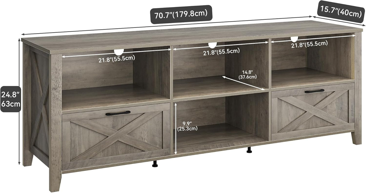 YITAHOME 70 Inch Farmhouse TV Stand with LED Lighting, Fits TVs up to 80 Inches, Media Console with Storage and Customizable Divider, Entertainment Center for Living Room (Grey)