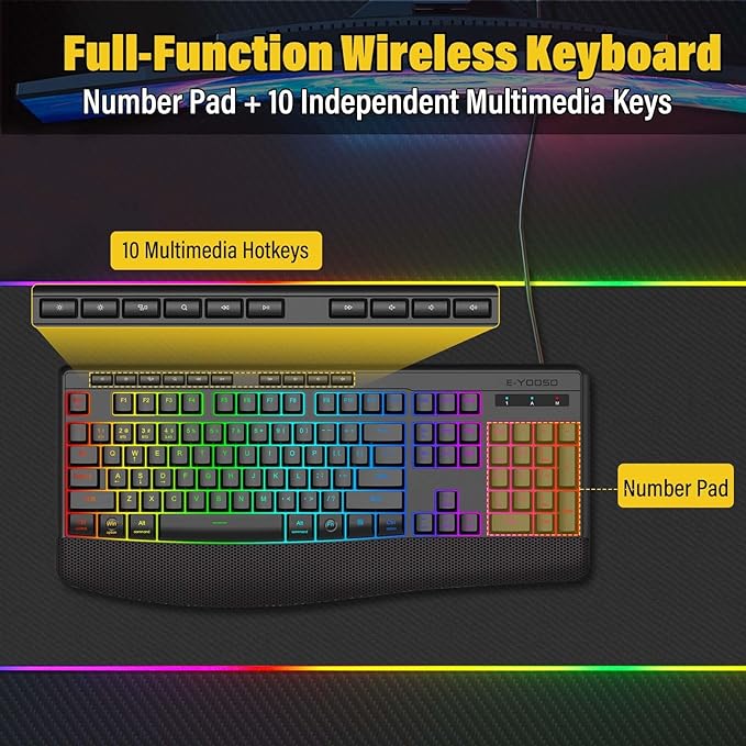 Premium Wireless Bluethooth Versatile Keyboard,8 RGB Backlit light up,Silent Touch Less Noise 95%,Ergonomic Wrist Rest,Wired Rechargeable,Tri-mode BT5.0/2.4GHz/USB C,Ideal For Gaming/PC Computer/Mac