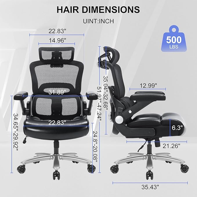 500 lbs Ergonomic Office Chair,3D Headrest and Armrests Big Executive Chair,Adjustable Lumbar Support Desk Chair,Thickened Seat Cushion,360° Silent Rolling Wheels,Perfect for Home Office, Gaming Room
