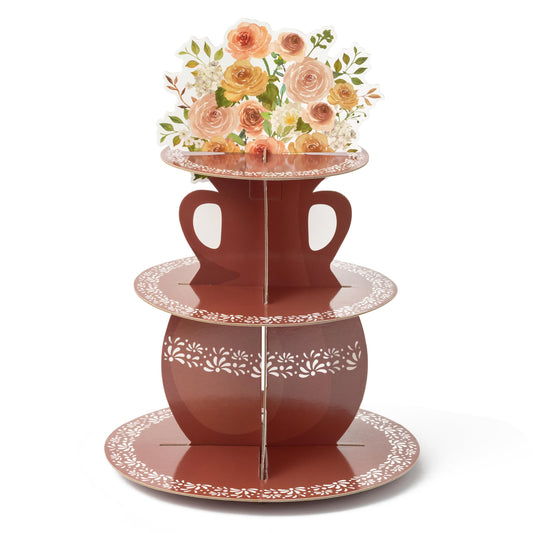 ANGOLIO De Barro Mexicanos Cupcake Stand Party Supplies - 3 Tier Mexican Flower Birthday Cupcake Tower Taco Dessert Holder Display Party Decorations for Wedding Baby Shower Birthday Fiesta (Brown)